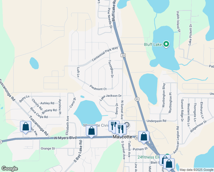 map of restaurants, bars, coffee shops, grocery stores, and more near 1819 Torrington Drive in Mascotte