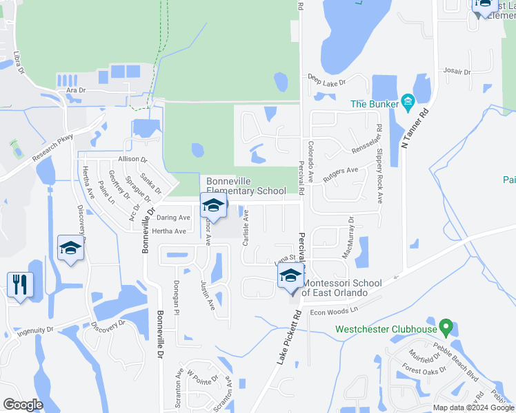 map of restaurants, bars, coffee shops, grocery stores, and more near 14824 Sussex Drive in Orlando