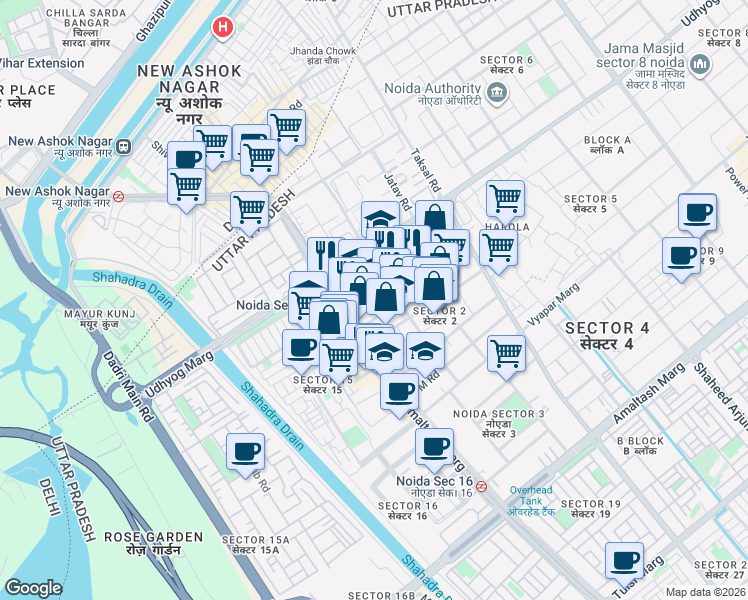 map of restaurants, bars, coffee shops, grocery stores, and more near in Noida