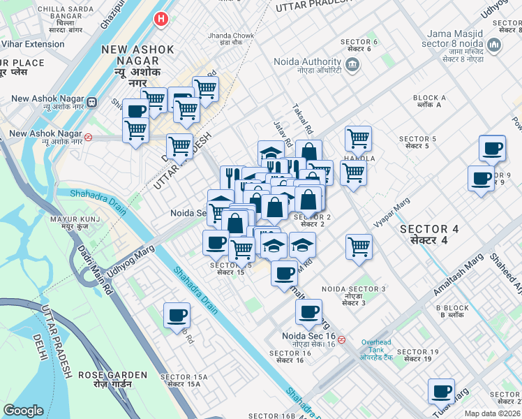 map of restaurants, bars, coffee shops, grocery stores, and more near in Noida