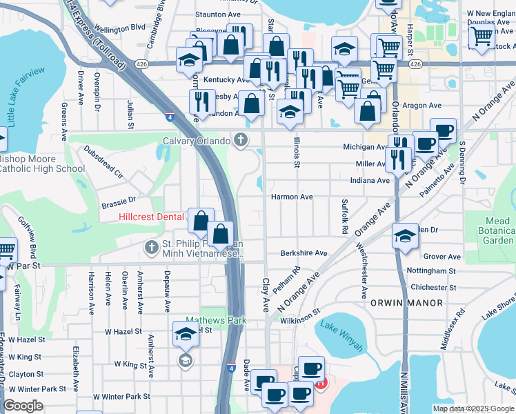 map of restaurants, bars, coffee shops, grocery stores, and more near 1315 Clay Street in Winter Park