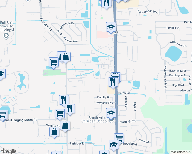 map of restaurants, bars, coffee shops, grocery stores, and more near 7229 Swallow Run in Winter Park