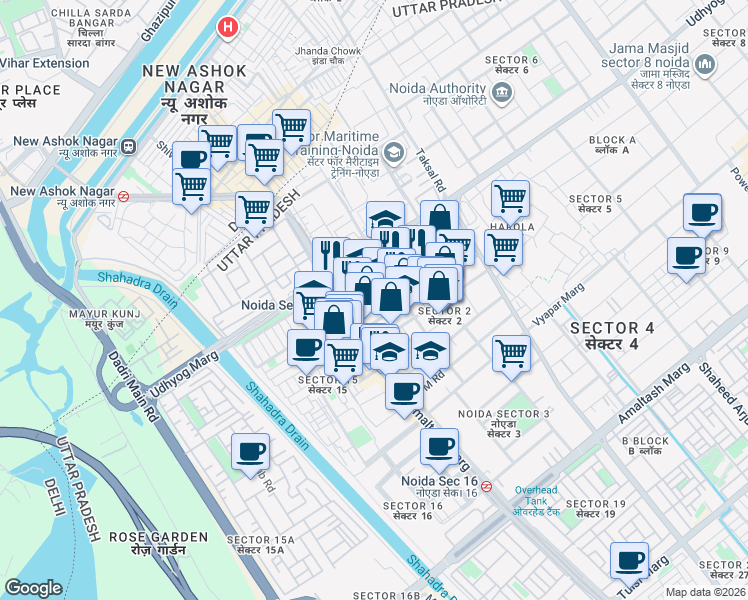 map of restaurants, bars, coffee shops, grocery stores, and more near in Noida