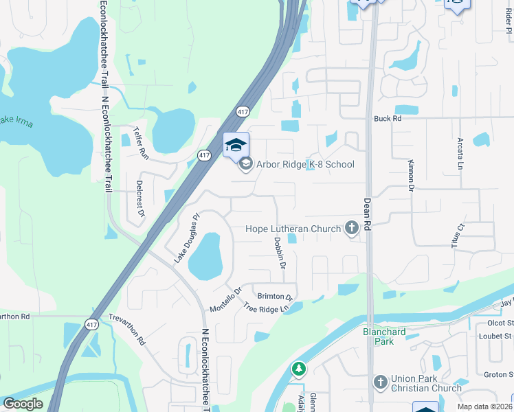 map of restaurants, bars, coffee shops, grocery stores, and more near 9516 Bandelier Drive in Orlando