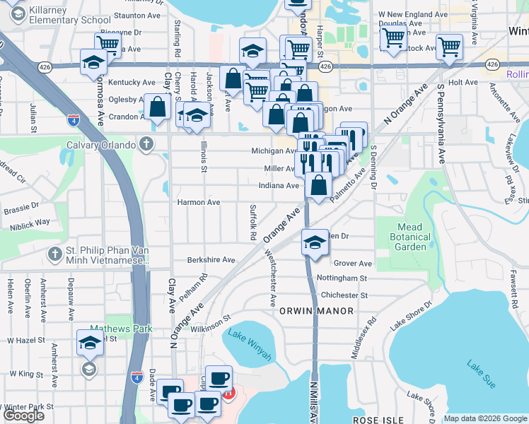 map of restaurants, bars, coffee shops, grocery stores, and more near 1521 Cavendish Road in Winter Park