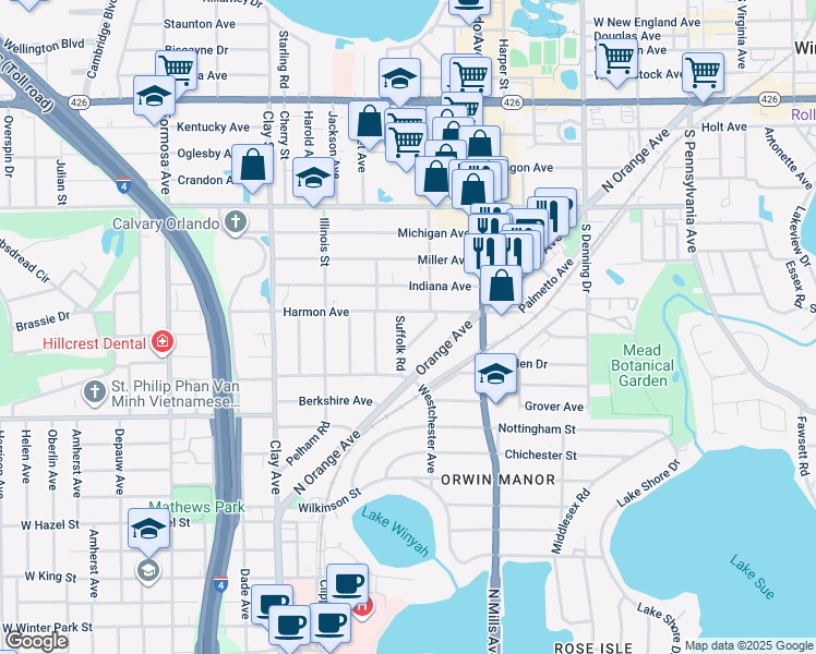 map of restaurants, bars, coffee shops, grocery stores, and more near 1521 Cavendish Road in Winter Park