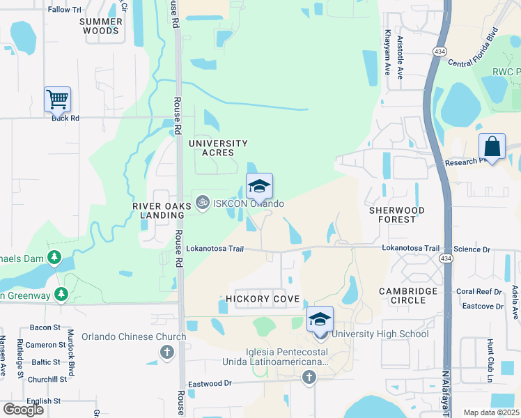 map of restaurants, bars, coffee shops, grocery stores, and more near 11301 Lokanotosa Trail in Orlando
