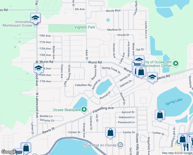 map of restaurants, bars, coffee shops, grocery stores, and more near 1215 Baranova Road in Ocoee