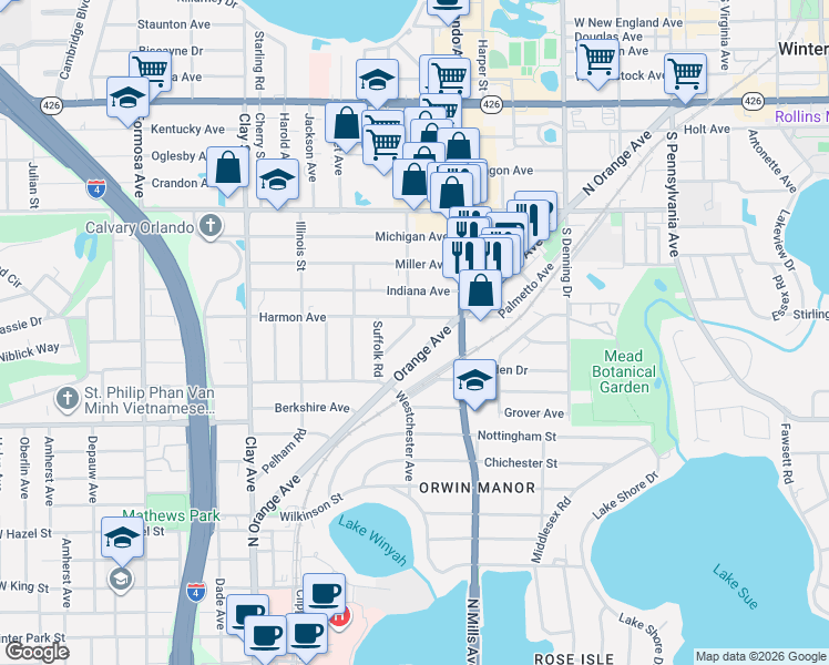 map of restaurants, bars, coffee shops, grocery stores, and more near 1440 Cavendish Road in Winter Park