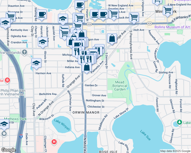map of restaurants, bars, coffee shops, grocery stores, and more near 1339 Orchid Avenue in Winter Park