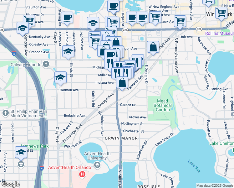 map of restaurants, bars, coffee shops, grocery stores, and more near 1320 Orlando Avenue in Winter Park