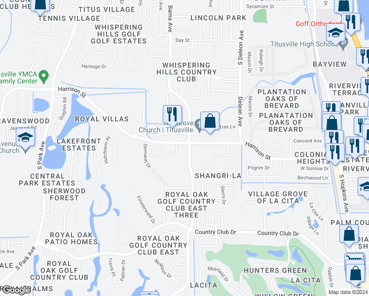map of restaurants, bars, coffee shops, grocery stores, and more near 2600 Barna Avenue in Titusville