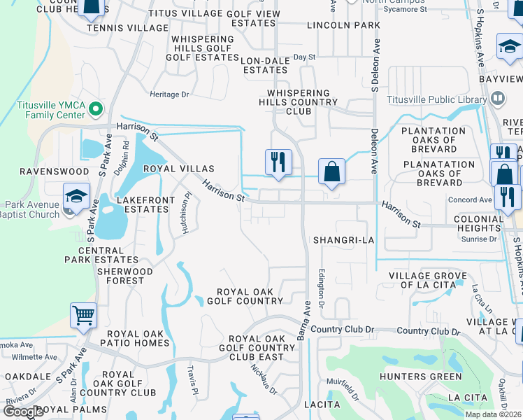 map of restaurants, bars, coffee shops, grocery stores, and more near 1655 Harrison Street in Titusville