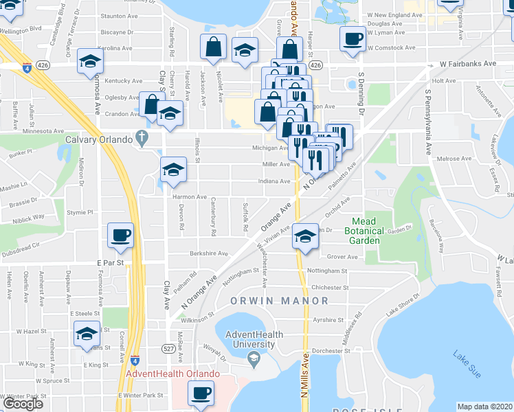map of restaurants, bars, coffee shops, grocery stores, and more near 1521 Cavendish Road in Winter Park