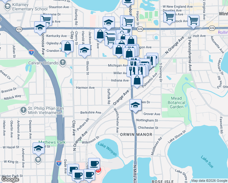 map of restaurants, bars, coffee shops, grocery stores, and more near 1521 Cavendish Road in Winter Park