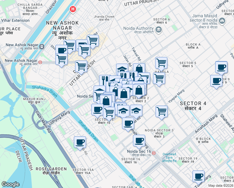 map of restaurants, bars, coffee shops, grocery stores, and more near B Block Road in Noida