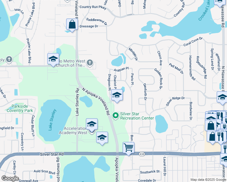 map of restaurants, bars, coffee shops, grocery stores, and more near 3210 Chariot Place in Orlando