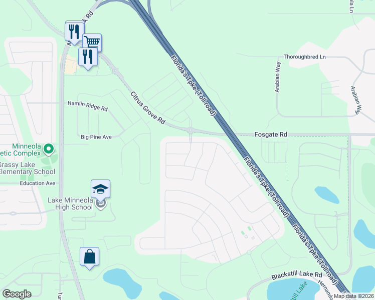 map of restaurants, bars, coffee shops, grocery stores, and more near 1273 Zeek Ridge Street in Minneola