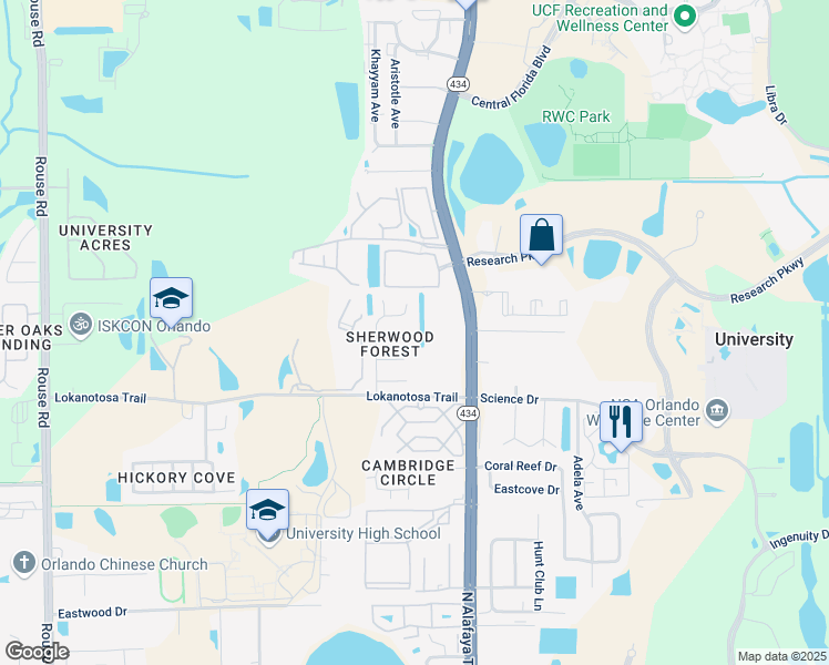 map of restaurants, bars, coffee shops, grocery stores, and more near 11639 Anjali Court in Orlando