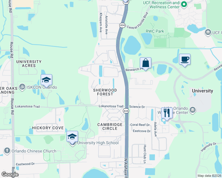 map of restaurants, bars, coffee shops, grocery stores, and more near 11639 Anjali Court in Orlando