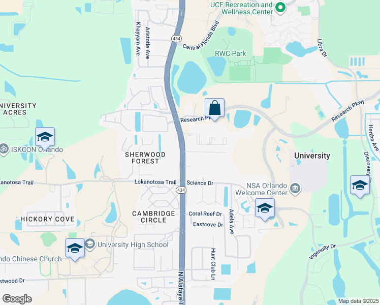 map of restaurants, bars, coffee shops, grocery stores, and more near 11811 Alafaya Woods Court in Orlando