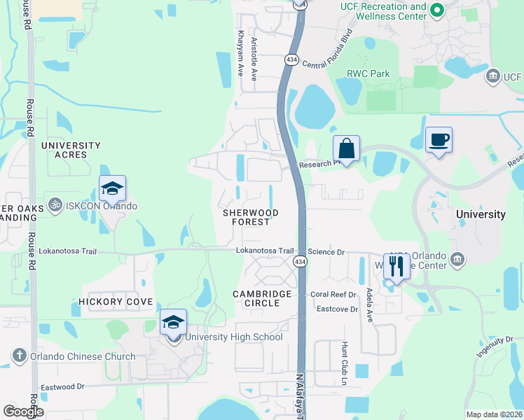 map of restaurants, bars, coffee shops, grocery stores, and more near 11639 Anjali Court in Orlando
