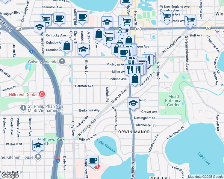 map of restaurants, bars, coffee shops, grocery stores, and more near 1521 Cavendish Road in Winter Park