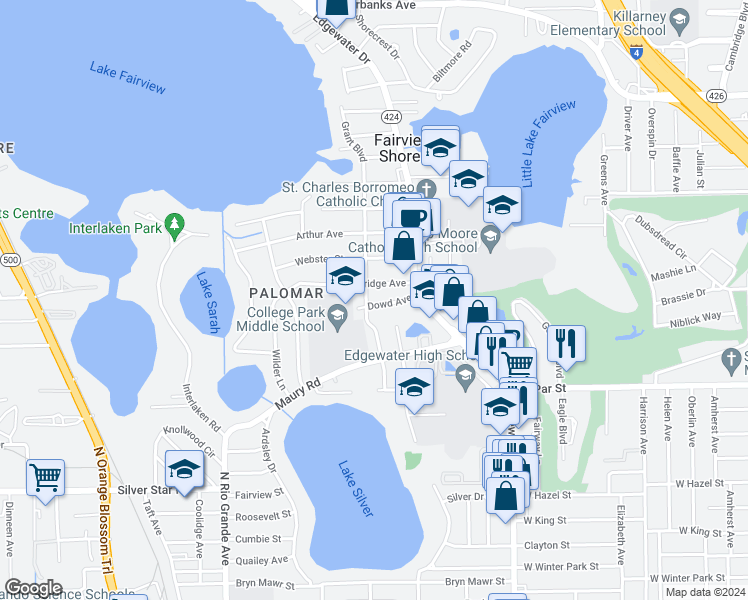 map of restaurants, bars, coffee shops, grocery stores, and more near 3712 Grant Boulevard in Orlando