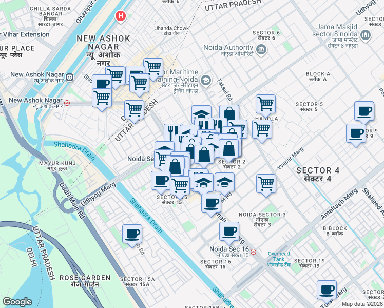 map of restaurants, bars, coffee shops, grocery stores, and more near in Noida