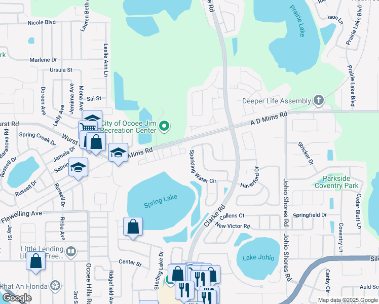 map of restaurants, bars, coffee shops, grocery stores, and more near 1760 Sparkling Water Circle in Ocoee