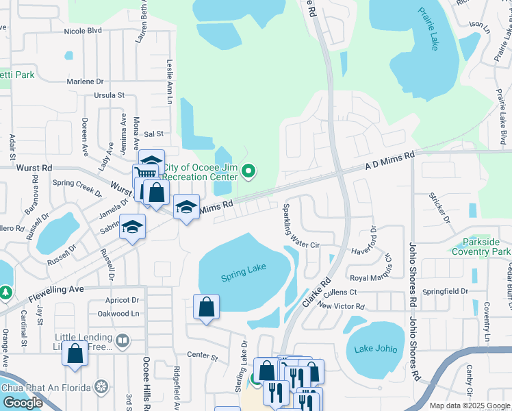 map of restaurants, bars, coffee shops, grocery stores, and more near 1114 Pine Falls Lane in Ocoee