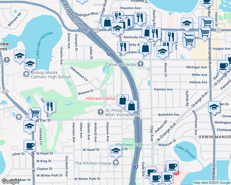 map of restaurants, bars, coffee shops, grocery stores, and more near 3505 Midiron Drive in Winter Park