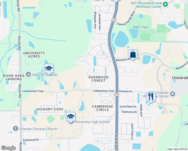 map of restaurants, bars, coffee shops, grocery stores, and more near 3222 Vishaal Drive in Orlando