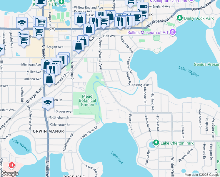 map of restaurants, bars, coffee shops, grocery stores, and more near 1350 South Pennsylvania Avenue in Winter Park