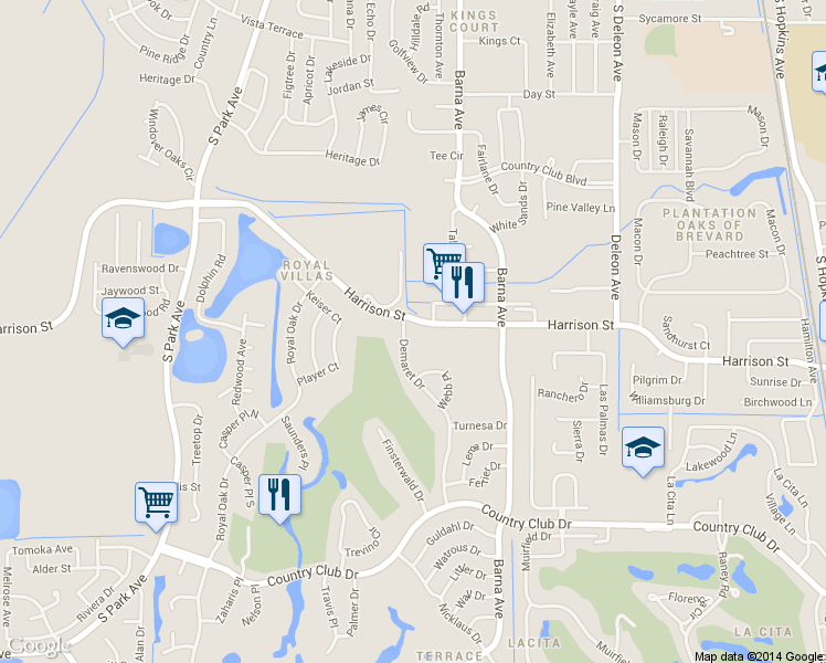 map of restaurants, bars, coffee shops, grocery stores, and more near 1775 Harrison Street in Titusville