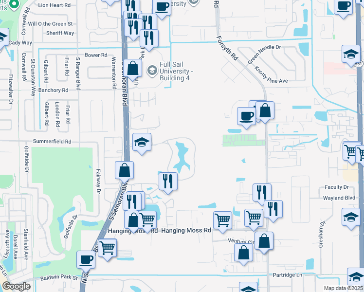 map of restaurants, bars, coffee shops, grocery stores, and more near 3223 Whisper Lake Lane in Winter Park