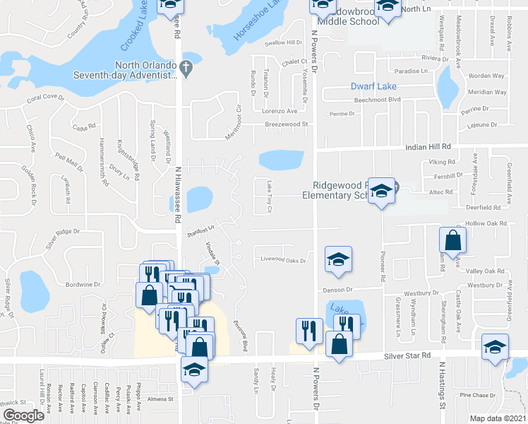 map of restaurants, bars, coffee shops, grocery stores, and more near 3355 Lake Tiny Circle in Orlando