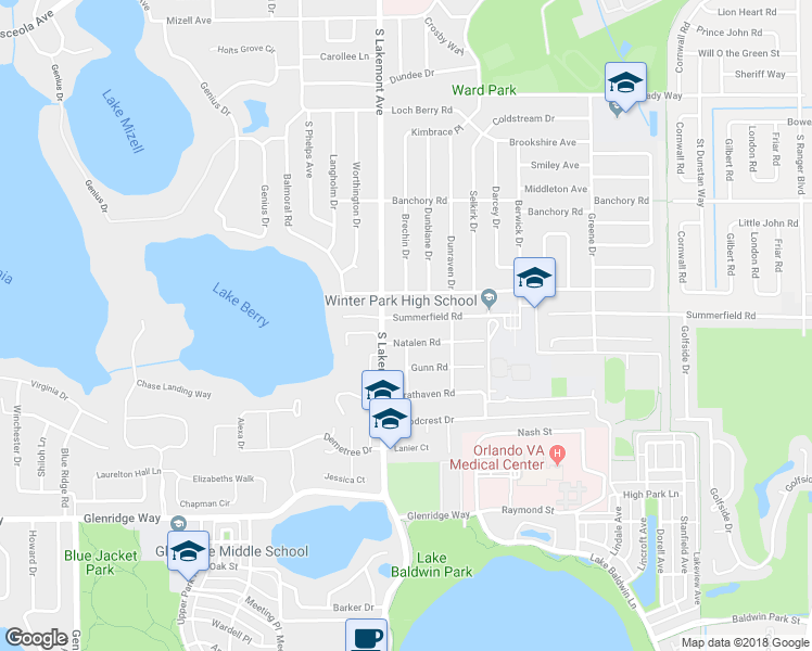 map of restaurants, bars, coffee shops, grocery stores, and more near 1912 Summerfield Road in Winter Park