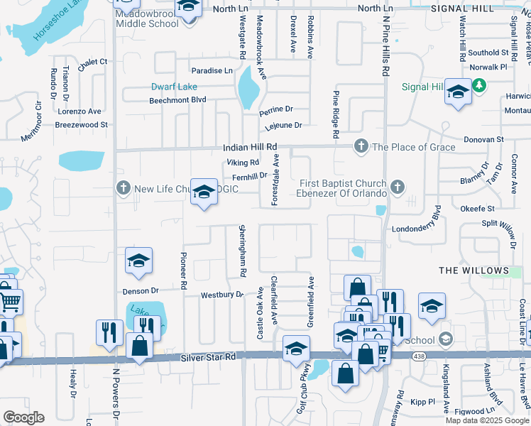 map of restaurants, bars, coffee shops, grocery stores, and more near 5716 Deerfield Road in Orlando