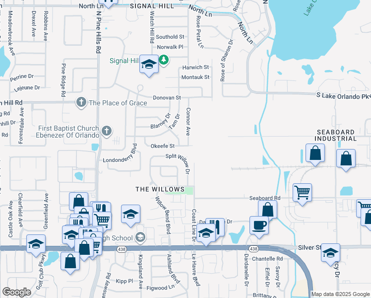 map of restaurants, bars, coffee shops, grocery stores, and more near 4708 Okeefe Street in Orlando