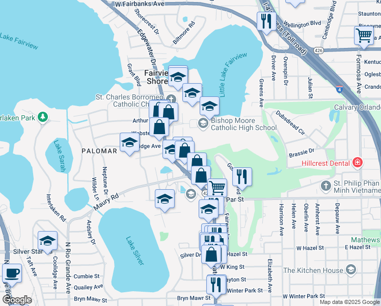 map of restaurants, bars, coffee shops, grocery stores, and more near 3475 Fairway Ln in Orlando