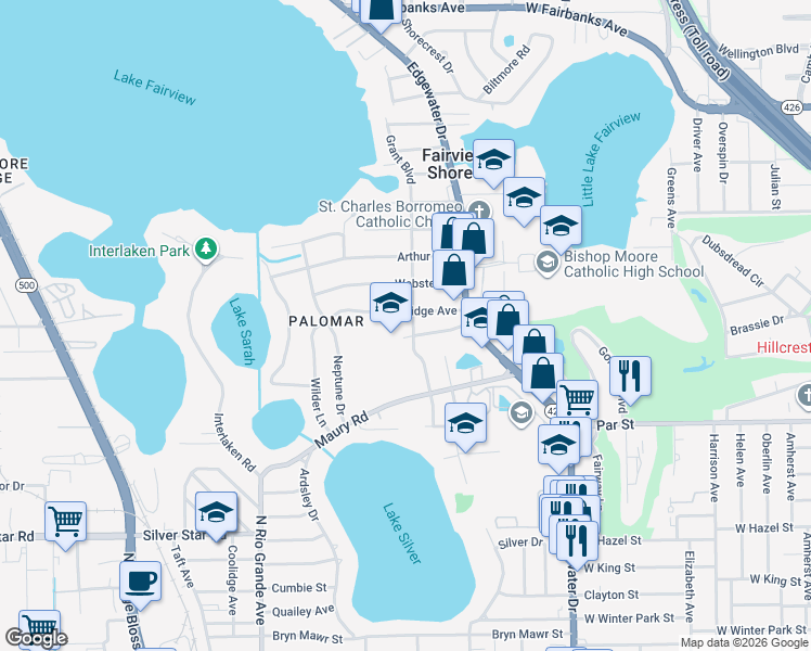 map of restaurants, bars, coffee shops, grocery stores, and more near 3712 Grant Boulevard in Orlando