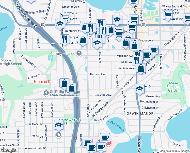 map of restaurants, bars, coffee shops, grocery stores, and more near 1320 Devon Road in Winter Park