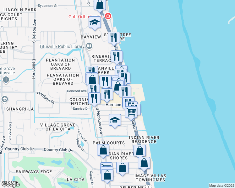 map of restaurants, bars, coffee shops, grocery stores, and more near 2500 South Washington Avenue in Titusville