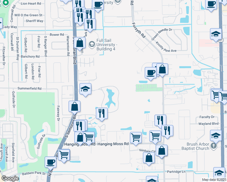 map of restaurants, bars, coffee shops, grocery stores, and more near 3223 Whisper Lake Lane in Winter Park