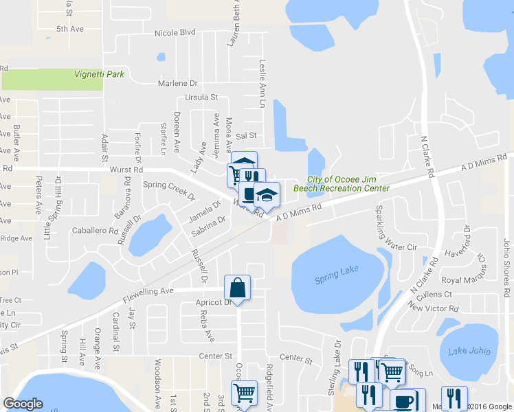 map of restaurants, bars, coffee shops, grocery stores, and more near 1506 Wurst Road in Ocoee