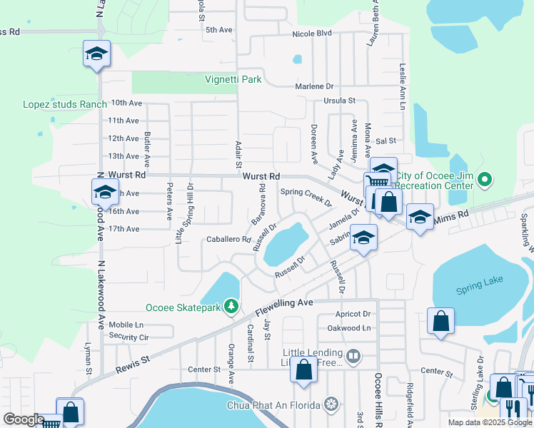 map of restaurants, bars, coffee shops, grocery stores, and more near 1215 Baranova Road in Ocoee