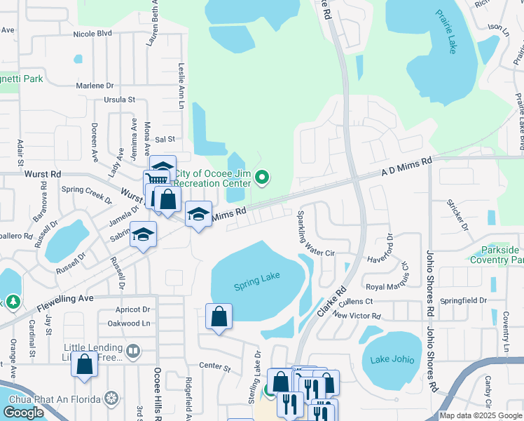map of restaurants, bars, coffee shops, grocery stores, and more near 1114 Pine Falls Lane in Ocoee