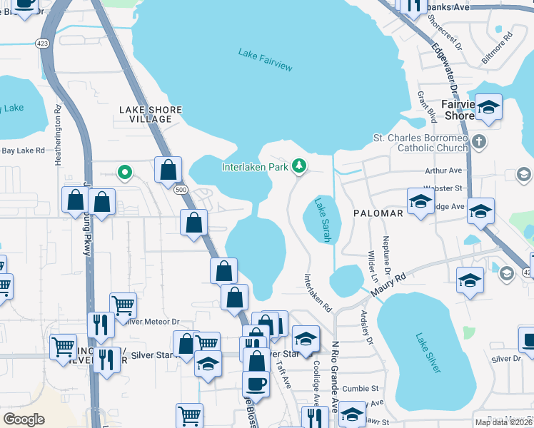 map of restaurants, bars, coffee shops, grocery stores, and more near 43 Interlaken Road in Orlando