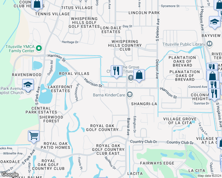 map of restaurants, bars, coffee shops, grocery stores, and more near 1655 Harrison Street in Titusville
